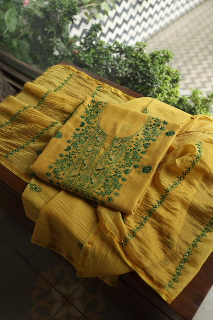 Mustard Yellow & Green Shade Mal Cotton Chikankari Unstitched Kurta Dupatta Fabric With Kamdani