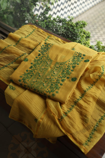 Mustard Yellow & Green Shade Mal Cotton Chikankari Unstitched Kurta Dupatta Fabric With Kamdani