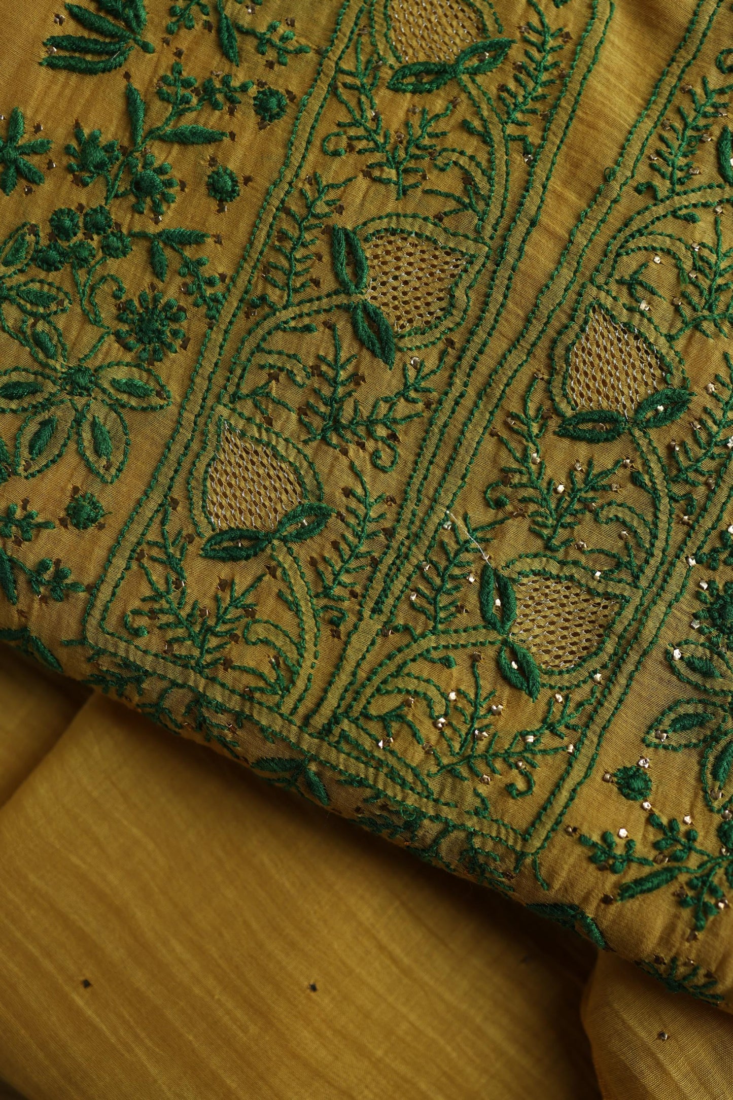 Mustard Yellow & Green Shade Mal Cotton Chikankari Unstitched Kurta Dupatta Fabric With Kamdani