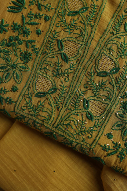 Mustard Yellow & Green Shade Mal Cotton Chikankari Unstitched Kurta Dupatta Fabric With Kamdani
