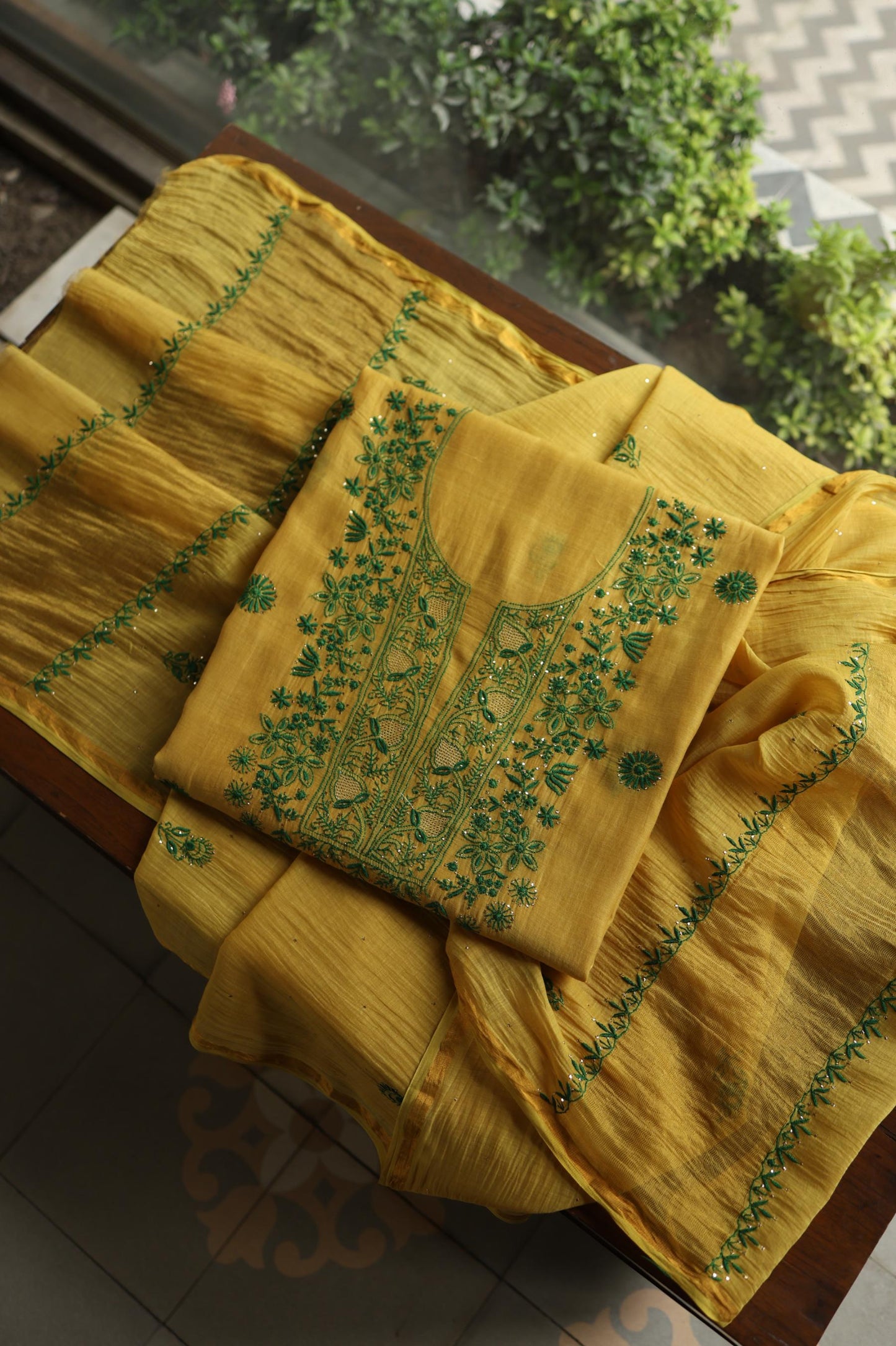 Mustard Yellow & Green Shade Mal Cotton Chikankari Unstitched Kurta Dupatta Fabric With Kamdani