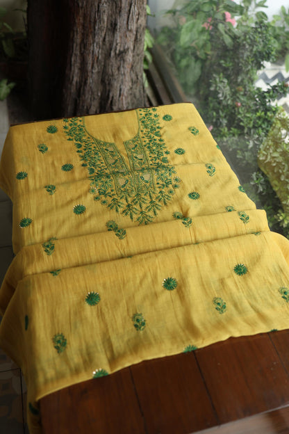 Mustard Yellow & Green Shade Mal Cotton Chikankari Unstitched Kurta Dupatta Fabric With Kamdani