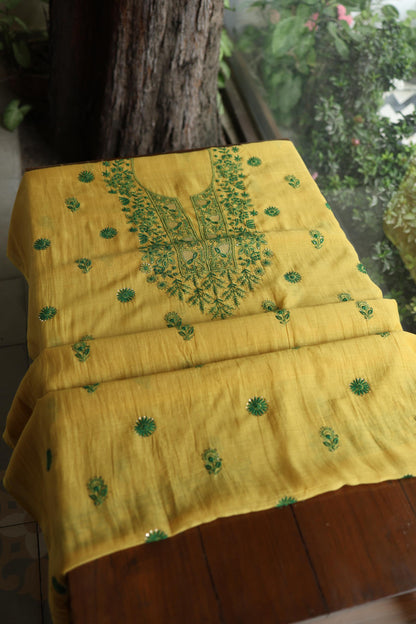 Mustard Yellow & Green Shade Mal Cotton Chikankari Unstitched Kurta Dupatta Fabric With Kamdani