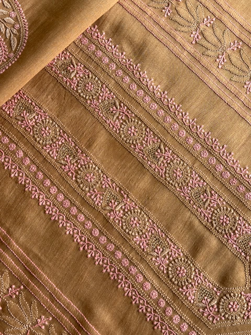 Mustard & Pink Shade Moonga Silk Chikankari Men’s Kurta Fabric