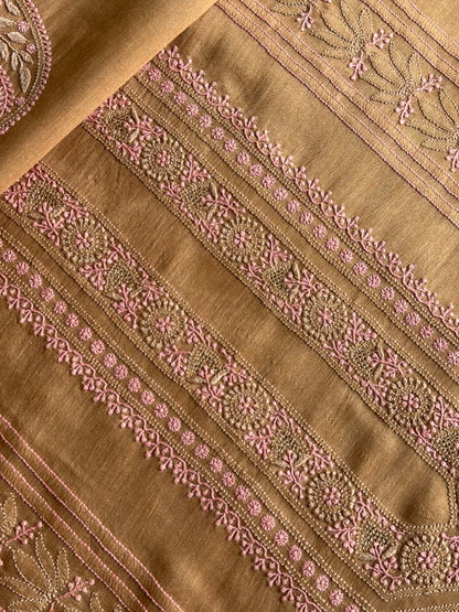 Mustard & Pink Shade Moonga Silk Chikankari Men’s Kurta Fabric