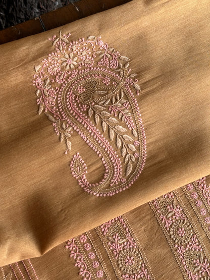 Mustard & Pink Shade Moonga Silk Chikankari Men’s Kurta Fabric