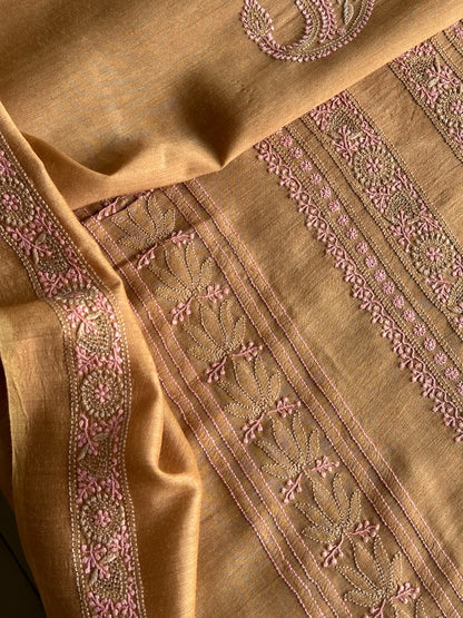 Mustard & Pink Shade Moonga Silk Chikankari Men’s Kurta Fabric
