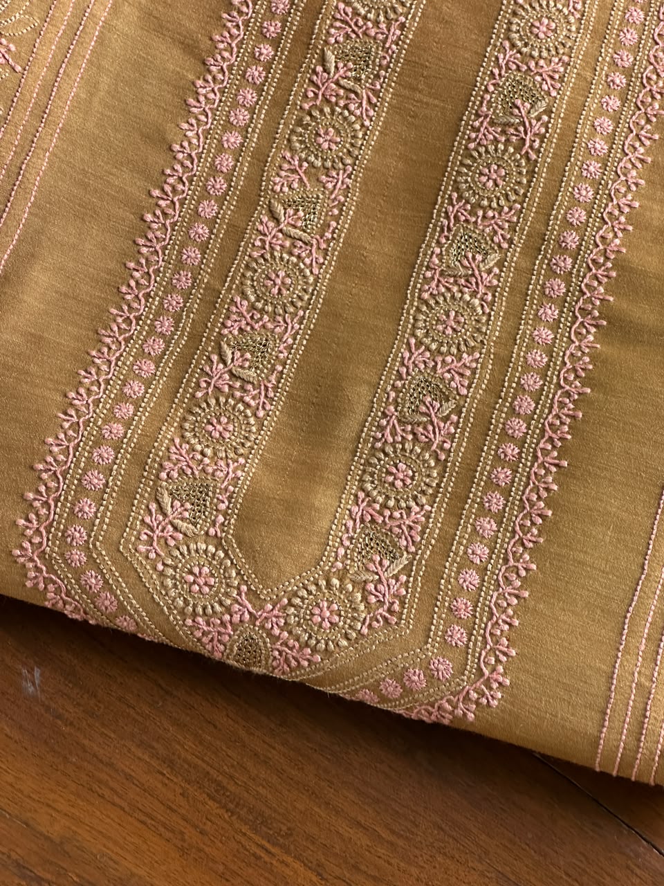 Mustard & Pink Shade Moonga Silk Chikankari Men’s Kurta Fabric