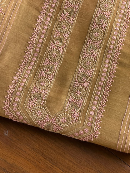 Mustard & Pink Shade Moonga Silk Chikankari Men’s Kurta Fabric
