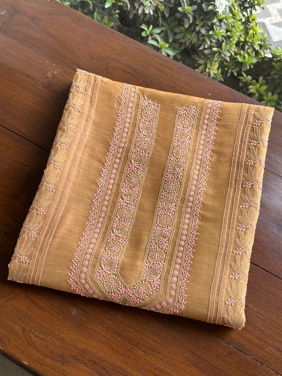 Mustard & Pink Shade Moonga Silk Chikankari Men’s Kurta Fabric