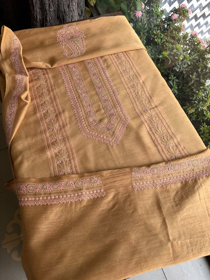 Mustard & Pink Shade Moonga Silk Chikankari Men’s Kurta Fabric