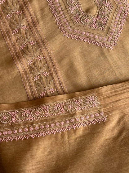 Mustard & Pink Shade Moonga Silk Chikankari Men’s Kurta Fabric