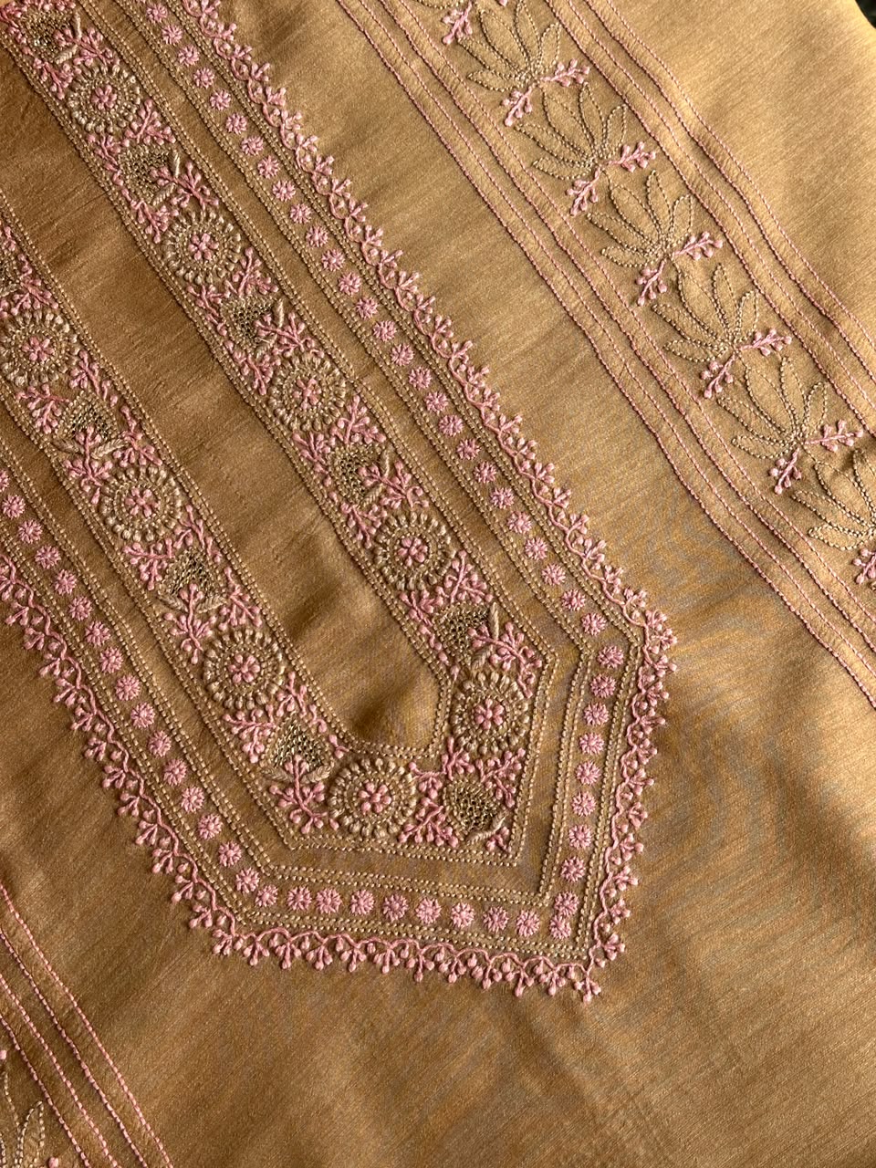 Mustard & Pink Shade Moonga Silk Chikankari Men’s Kurta Fabric