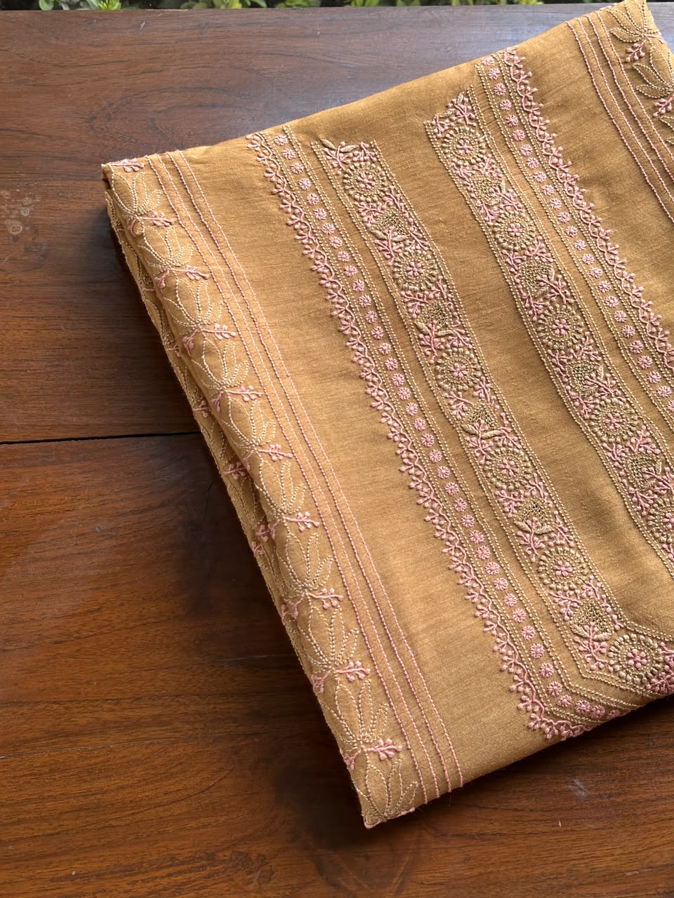 Mustard & Pink Shade Moonga Silk Chikankari Men’s Kurta Fabric
