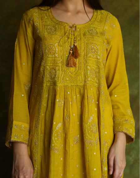 Mustard Yellow Tissue Silk Bhopali Kurta Dupatta Set