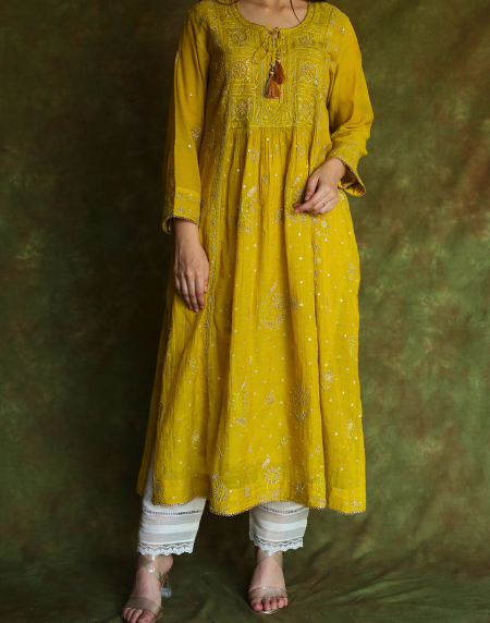 Mustard Yellow Tissue Silk Bhopali Kurta Dupatta Set