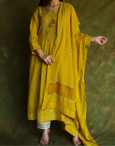 Mustard Yellow Tissue Silk Bhopali Kurta Dupatta Set