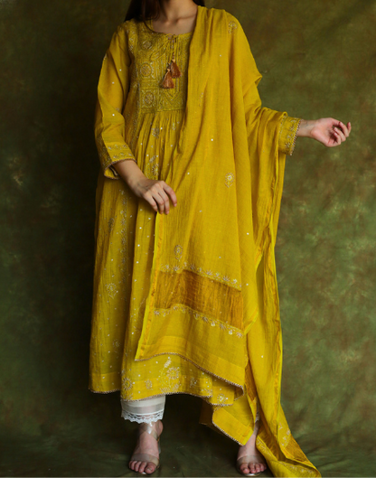 Mustard Yellow Tissue Silk Bhopali Kurta Dupatta Set