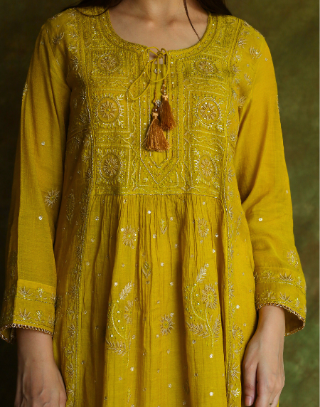 Mustard Yellow Tissue Silk Bhopali Kurta Dupatta Set