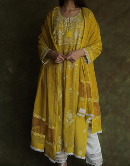 Mustard Yellow Tissue Silk Bhopali Kurta Dupatta Set