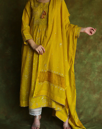 Mustard Yellow Tissue Silk Bhopali Kurta Dupatta Set