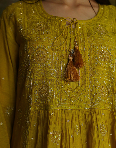 Mustard Yellow Tissue Silk Bhopali Kurta Dupatta Set