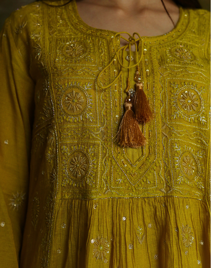 Mustard Yellow Tissue Silk Bhopali Kurta Dupatta Set