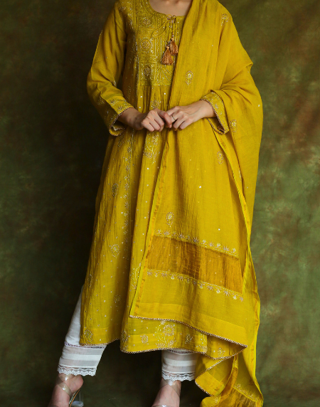 Mustard Yellow Tissue Silk Bhopali Kurta Dupatta Set