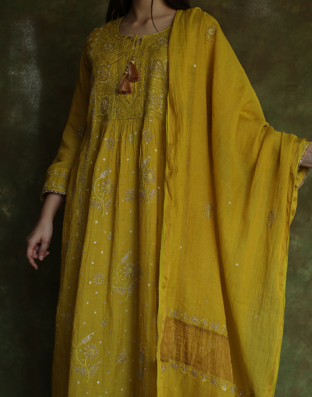 Mustard Yellow Tissue Silk Bhopali Kurta Dupatta Set