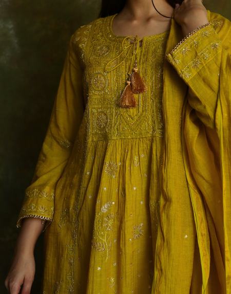 Mustard Yellow Tissue Silk Bhopali Kurta Dupatta Set