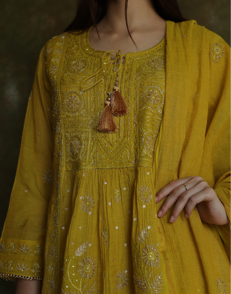 Mustard Yellow Tissue Silk Bhopali Kurta Dupatta Set