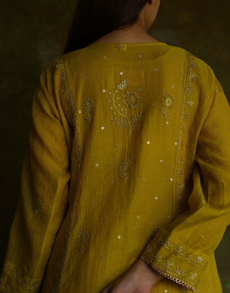 Mustard Yellow Tissue Silk Bhopali Kurta Dupatta Set