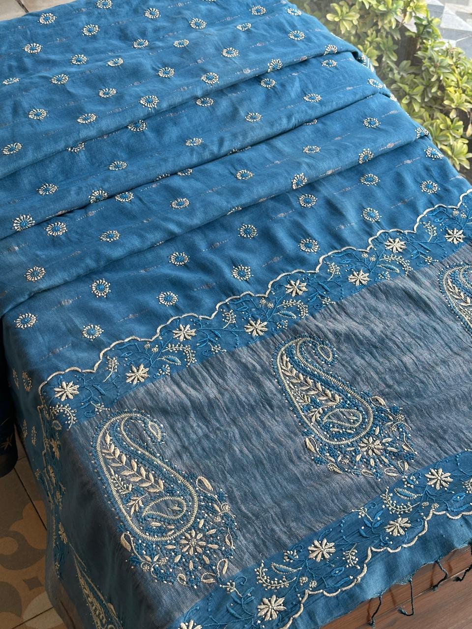 Muted Blue Jamdani Chikankari Saree