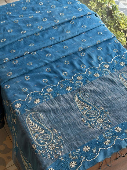 Muted Blue Jamdani Chikankari Saree