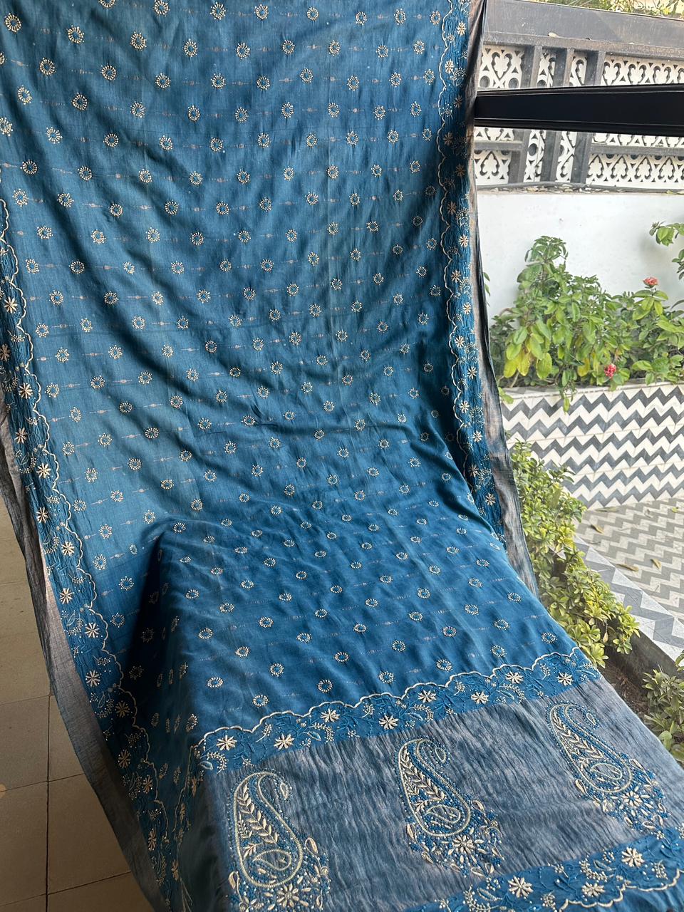 Muted Blue Jamdani Chikankari Saree