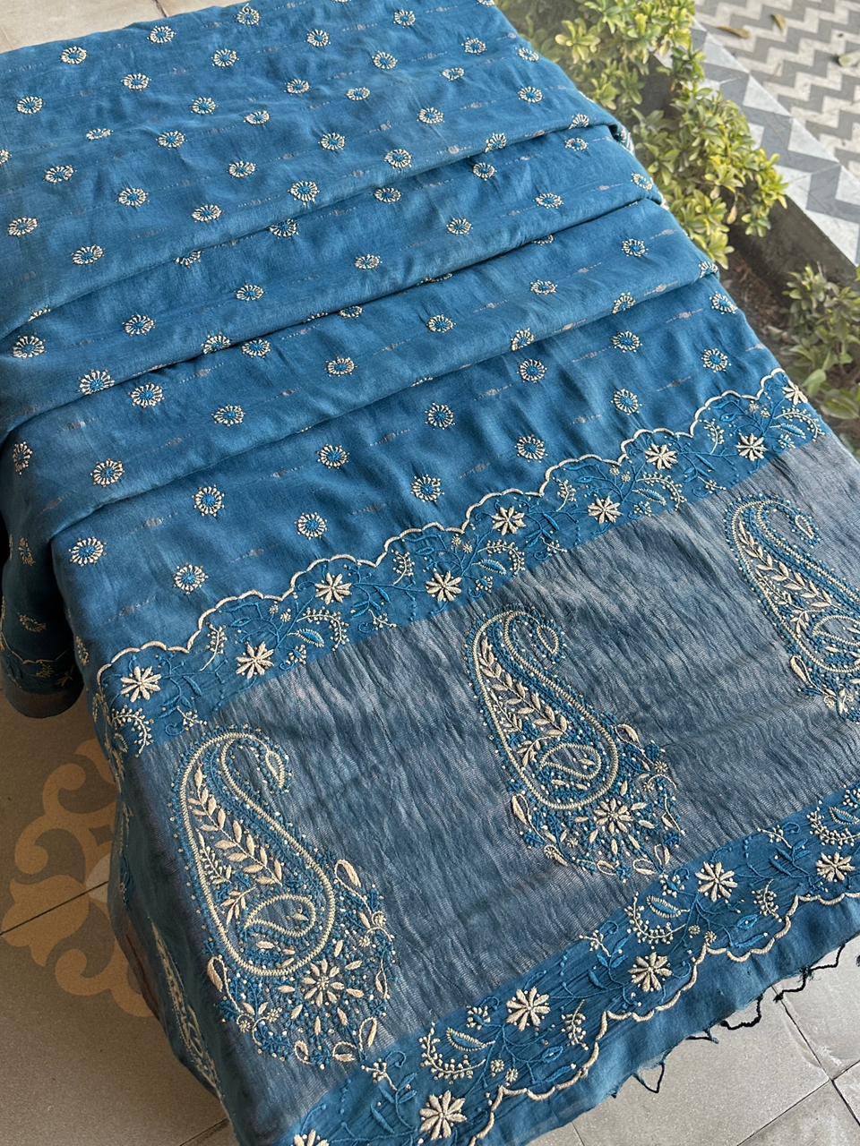 Muted Blue Jamdani Chikankari Saree