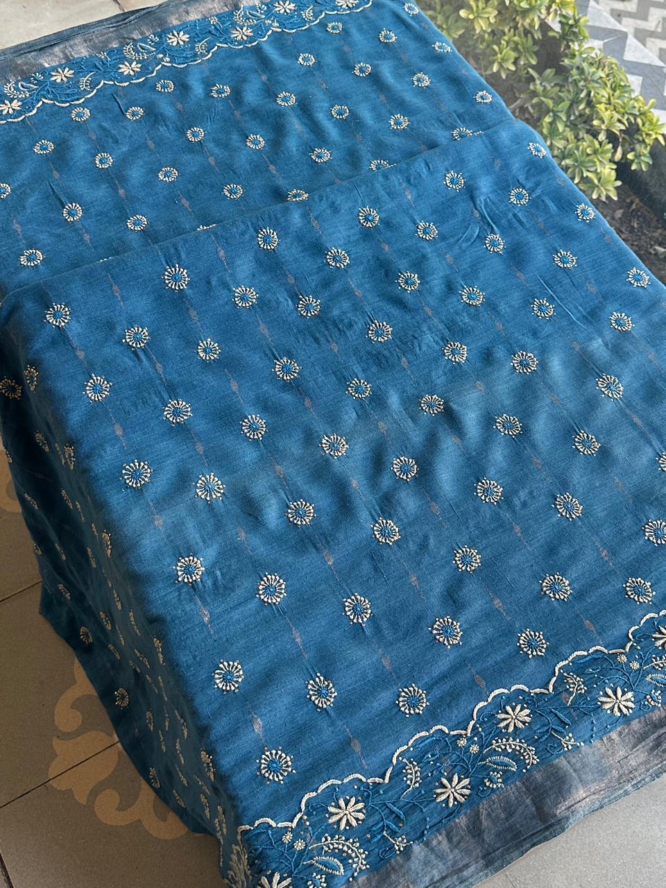 Muted Blue Jamdani Chikankari Saree