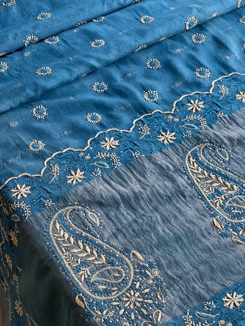 Muted Blue Jamdani Chikankari Saree