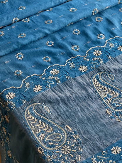 Muted Blue Jamdani Chikankari Saree