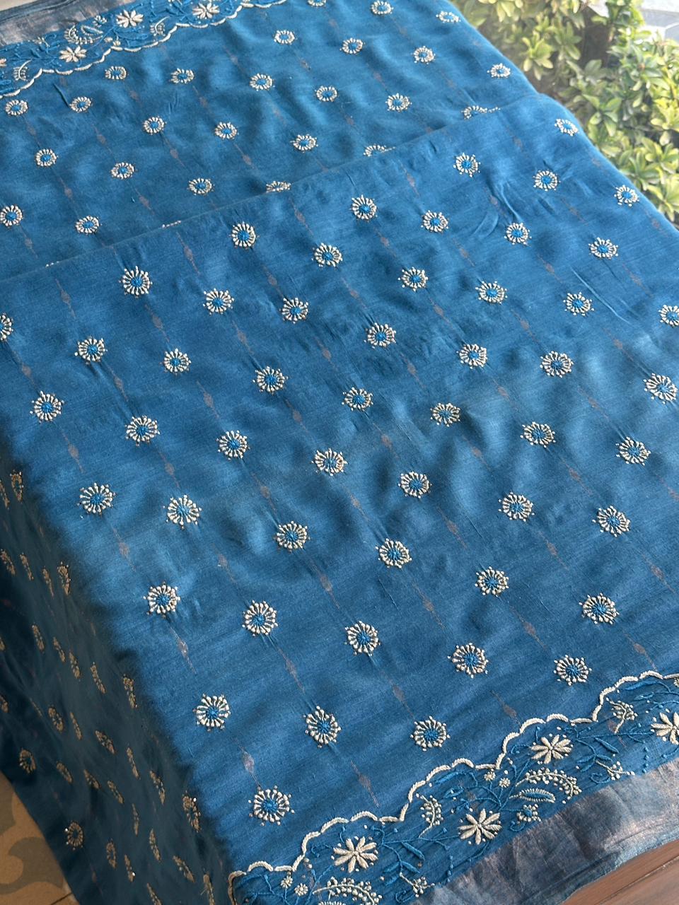 Muted Blue Jamdani Chikankari Saree