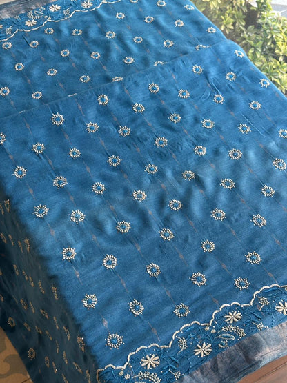 Muted Blue Jamdani Chikankari Saree