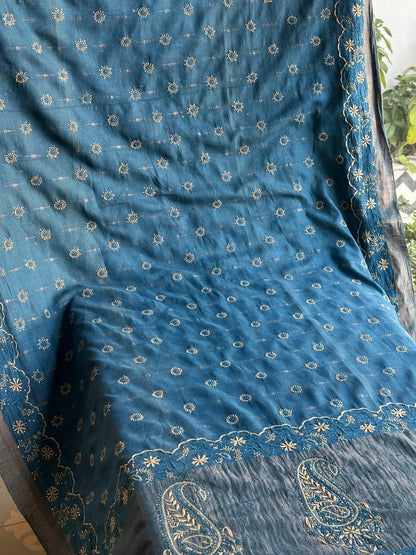 Muted Blue Jamdani Chikankari Saree