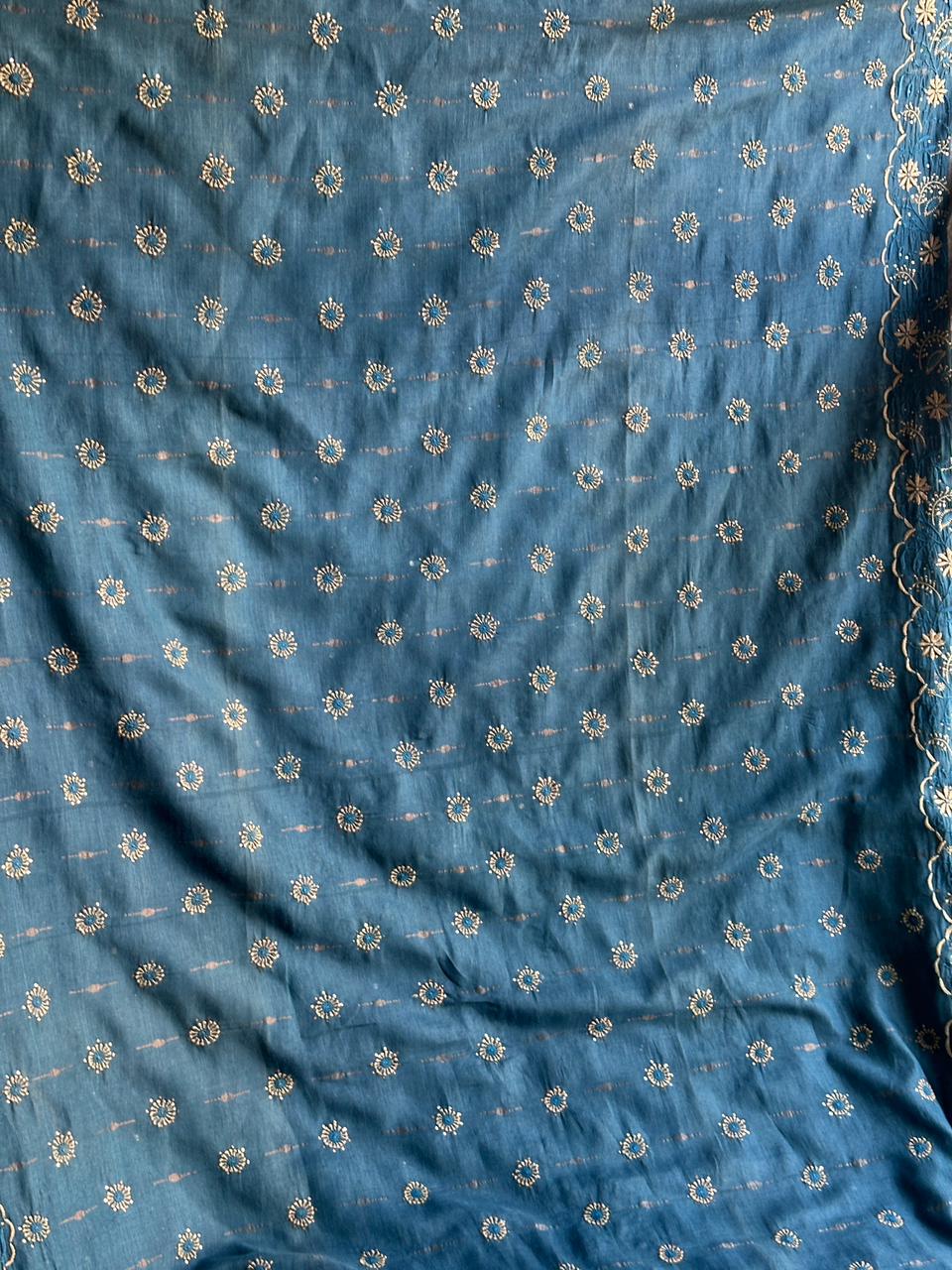 Muted Blue Jamdani Chikankari Saree