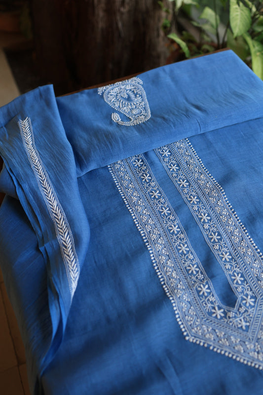 Muted Blue Mulmul Chikankari Unstitched Men's Kurtas Fabric