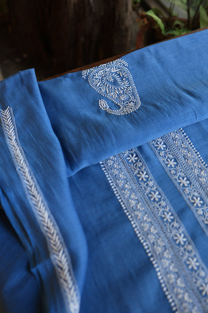 Muted Blue Mulmul Chikankari Unstitched Men's Kurtas Fabric