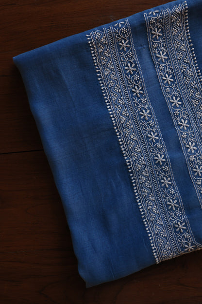 Muted Blue Mulmul Chikankari Unstitched Men's Kurtas Fabric