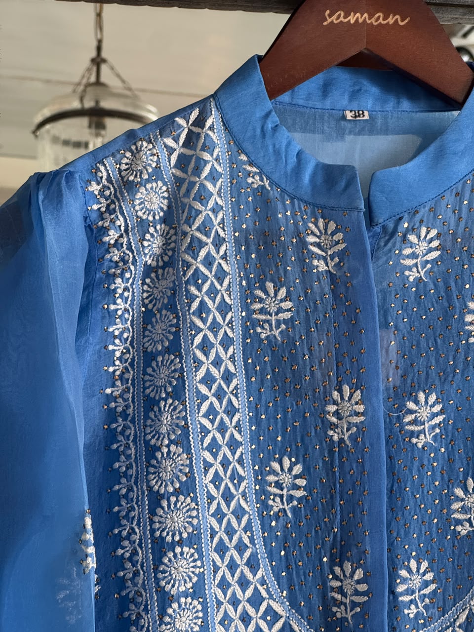 Muted Blue Noor Organza Chikankari Collar Ready To Wear Short Top