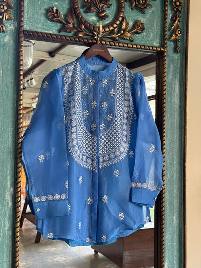 Muted Blue Noor Organza Chikankari Collar Ready To Wear Short Top