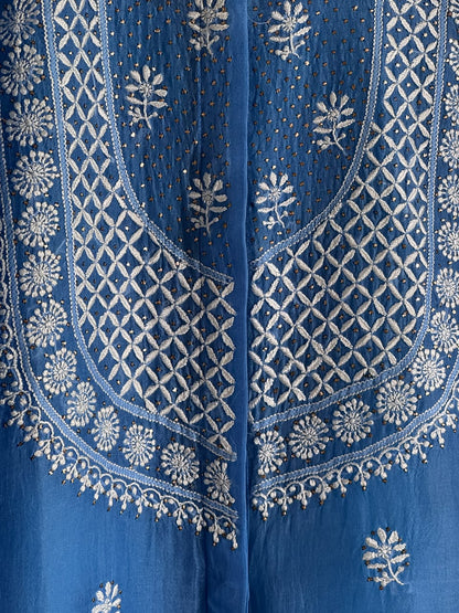 Muted Blue Noor Organza Chikankari Collar Ready To Wear Short Top