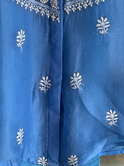 Muted Blue Noor Organza Chikankari Collar Ready To Wear Short Top